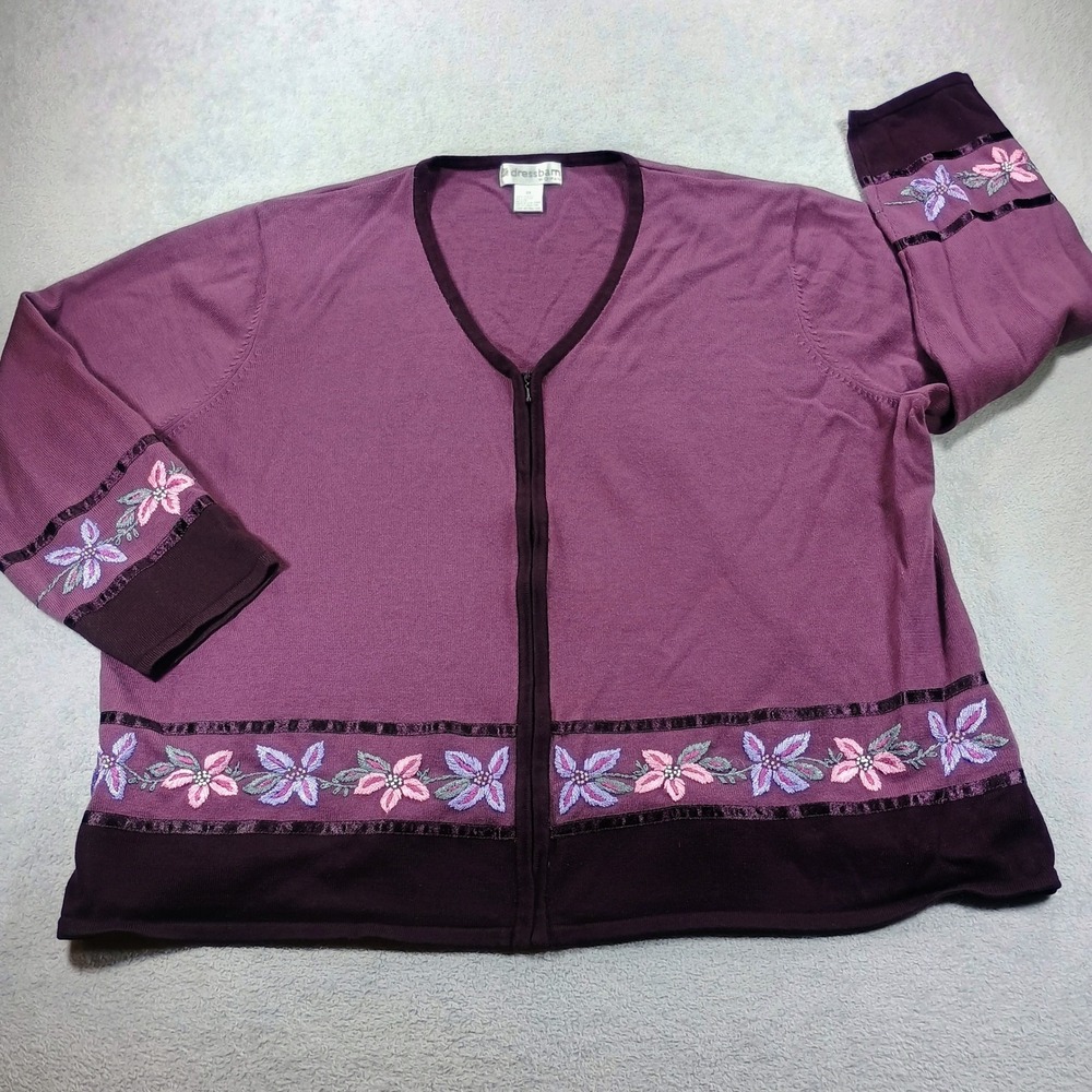Dressbarn Woman Cardigan Purple 3X Floral Embroidered Zip Up Sweater